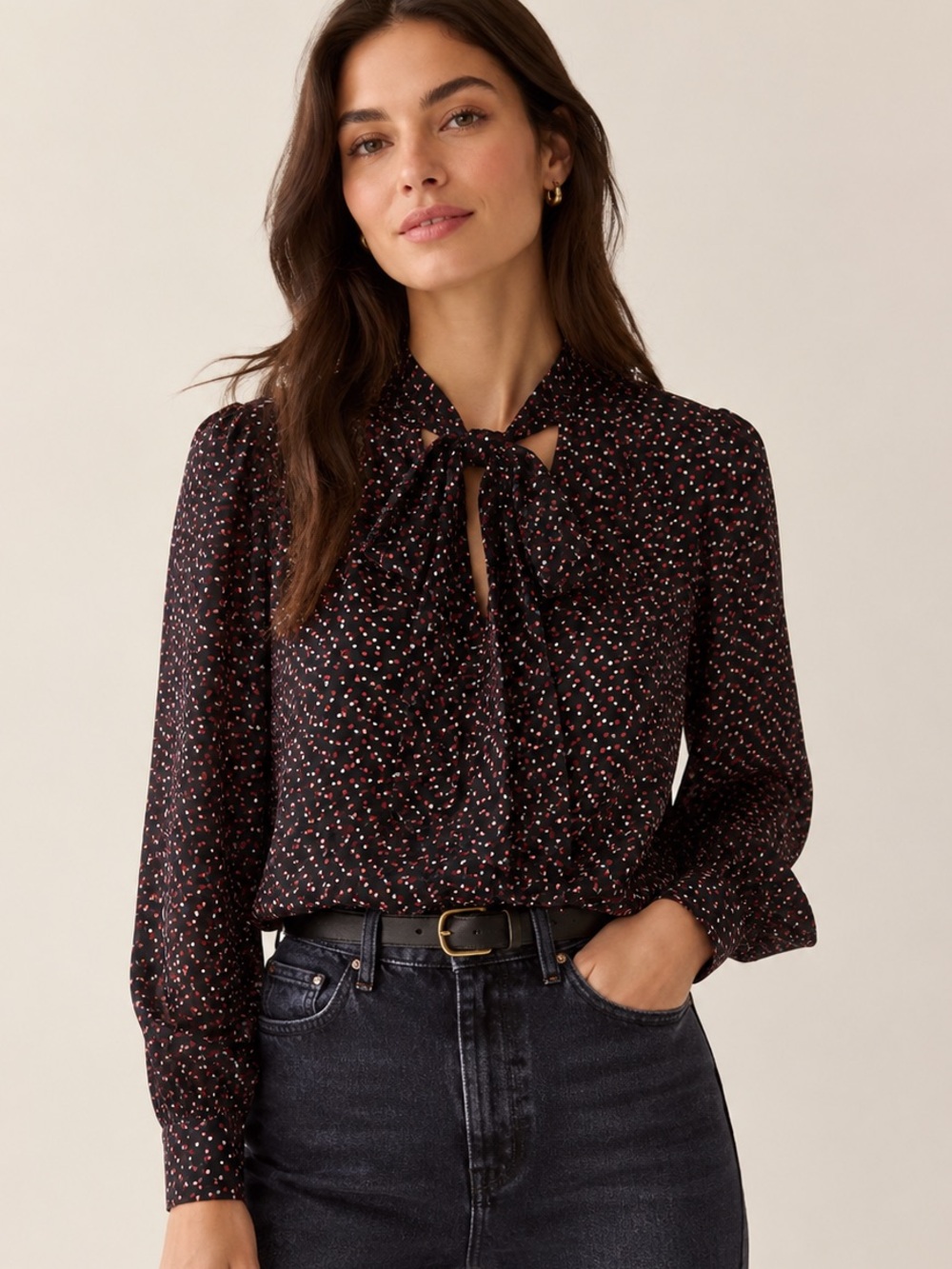 PAIGE Peteluma Polka Dot Tie-Neck Blouse Black Rust White Long Sleeve